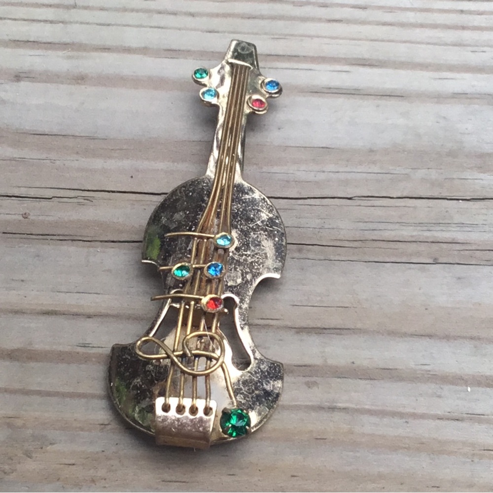 Gold Violin Brooch with Colorful Gems